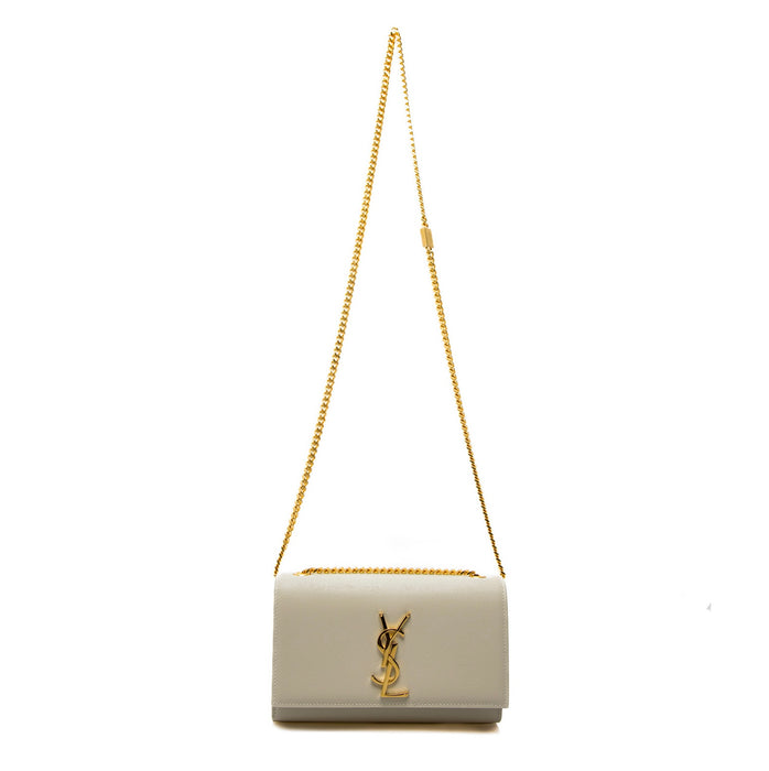 Saint Laurent Kate Small Grain De Poudre Shoulder Bag on Chain White