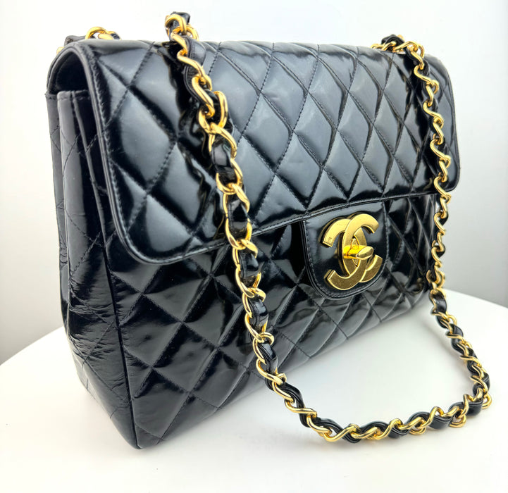 Chanel Patent Quilted XL Jumbo Single Flap Black