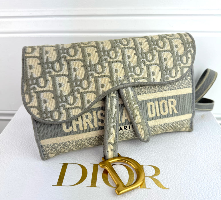 Dior Saddle Slim Pouch in Gray Dior Oblique Embroidery