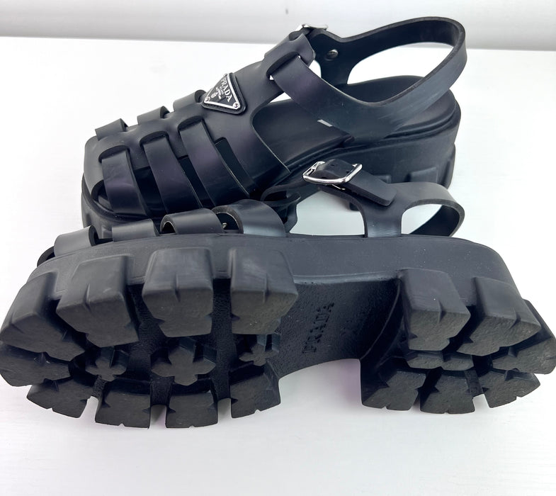 Prada Monolith Platform Fisherman Sandals Black Rubber