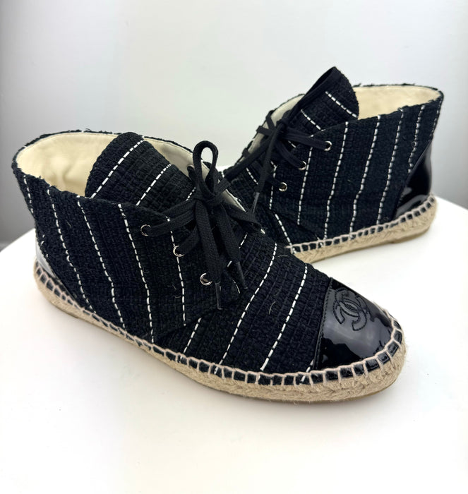 Chanel Tweed Calfskin Patent CC Lace Up Espadrilles