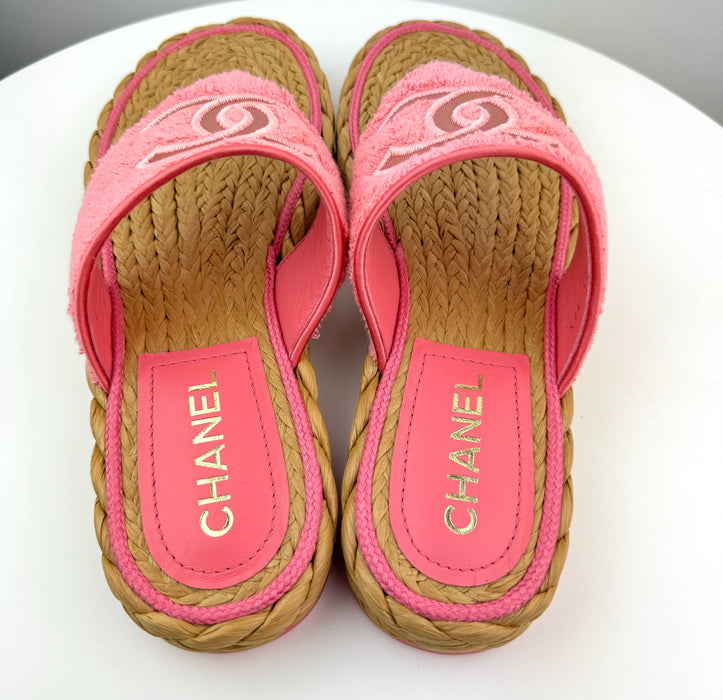 Chanel Terry Cloth Raffia CC Logo Thong Sandals Pink