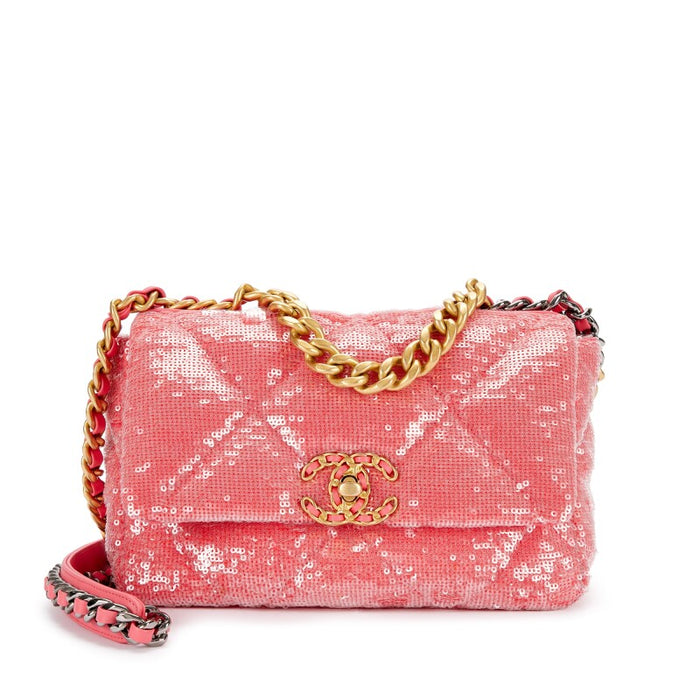 Chanel Pink Quilted Sequin Chanel 19 Flap