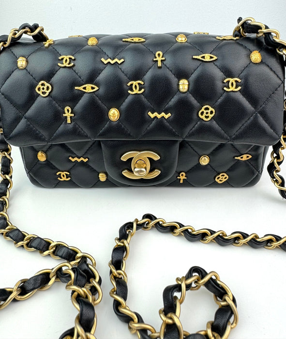 Chanel Lambskin Limited Edition Quilted Egyptian Amulet Mini Rectangular Flap Black