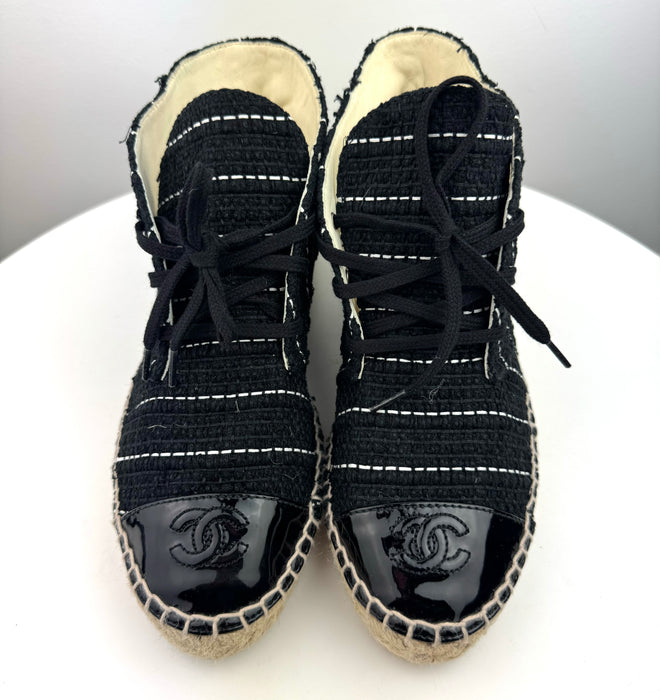 Chanel Tweed Calfskin Patent CC Lace Up Espadrilles