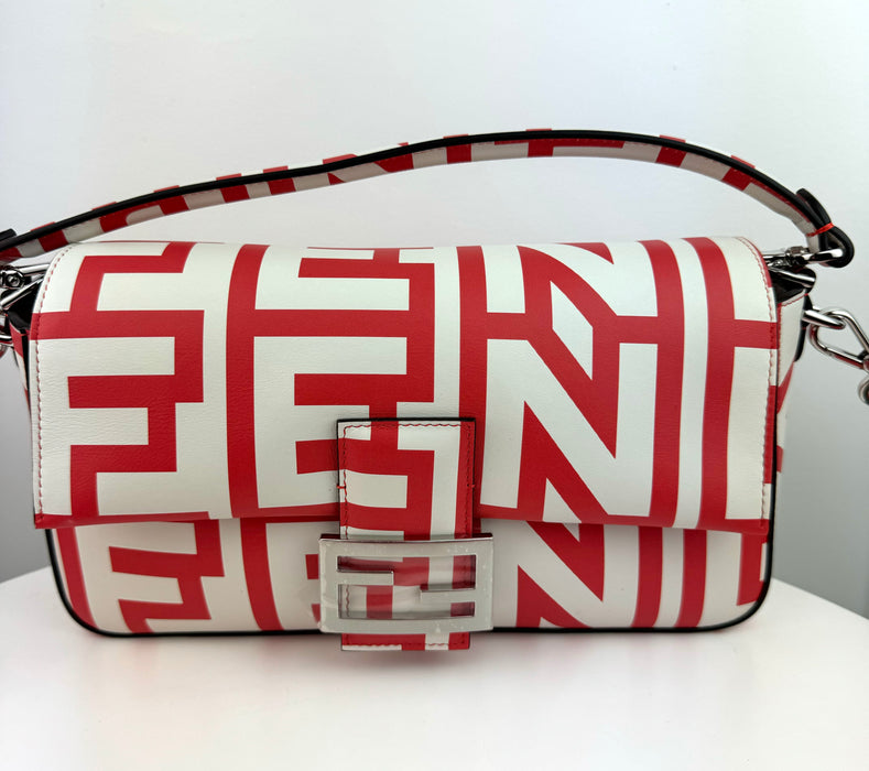 FENDI  X MARC JACOBS Vitello Seta Logo Print Baguette Glow Coral White