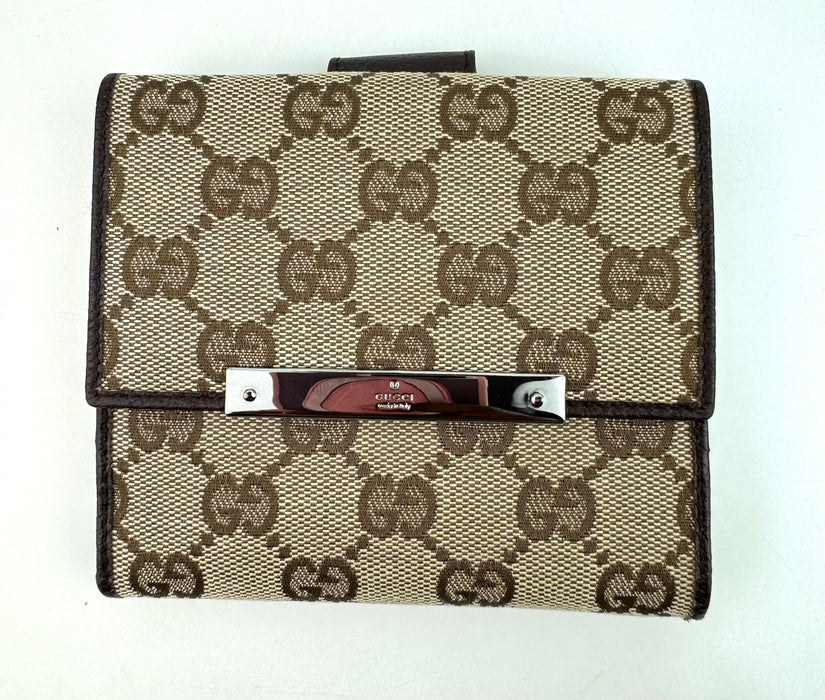 Gucci Monogram Textured Calfskin Metal Bar French Flap Wallet Beige Ebony Cocoa