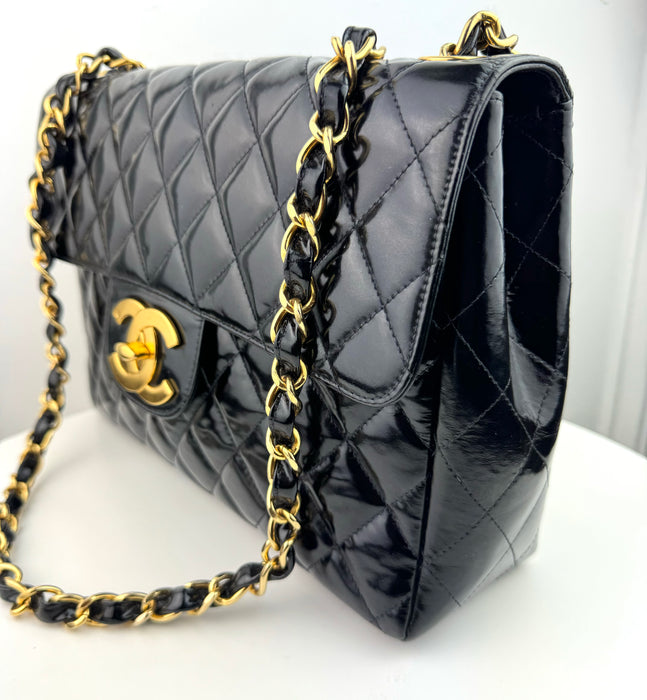 Chanel Patent Quilted XL Jumbo Single Flap Black