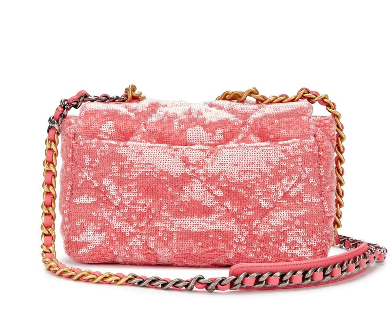 Chanel Pink Quilted Sequin Chanel 19 Flap