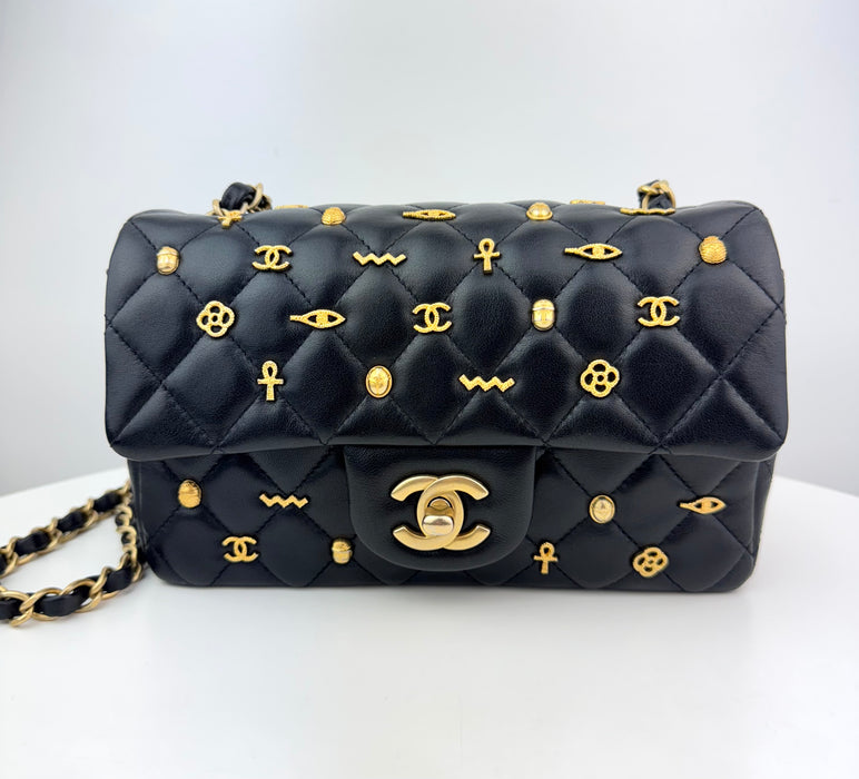 Chanel Lambskin Limited Edition Quilted Egyptian Amulet Mini Rectangular Flap Black