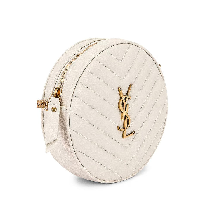 Saint Laurent Vinyle YSL Round Crossbody Bag in Quilted Grained Leather