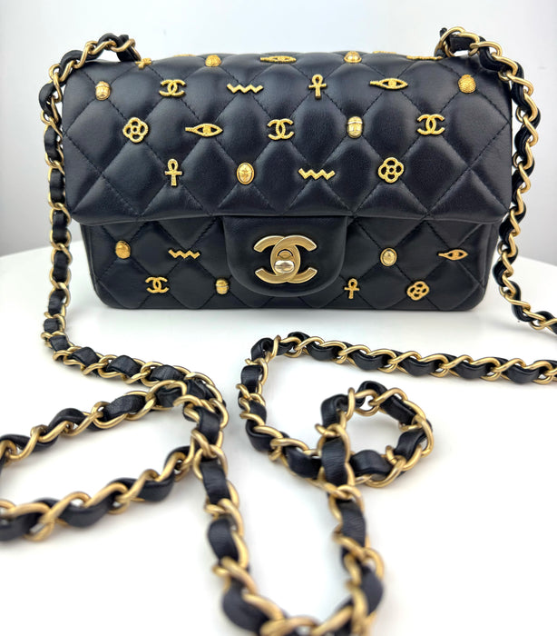 Chanel Lambskin Limited Edition Quilted Egyptian Amulet Mini Rectangular Flap Black