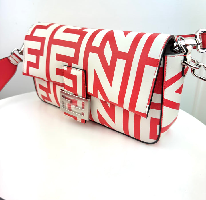 FENDI  X MARC JACOBS Vitello Seta Logo Print Baguette Glow Coral White