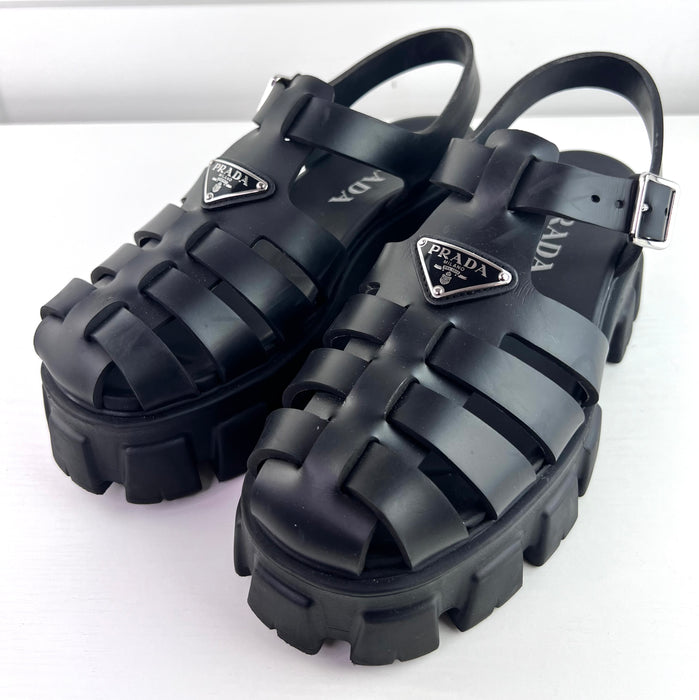 Prada Monolith Platform Fisherman Sandals Black Rubber