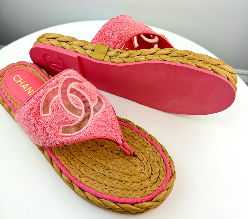 Chanel Terry Cloth Raffia CC Logo Thong Sandals Pink