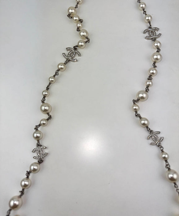 Chanel CC Faux Pearl Crystal Silver Tone Long Station Necklace