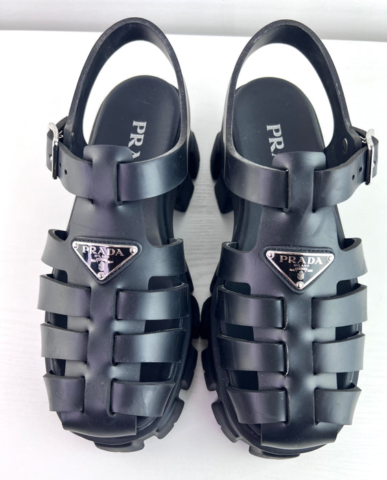 Prada Monolith Platform Fisherman Sandals Black Rubber