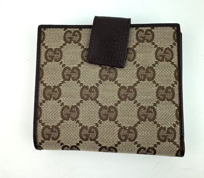 Gucci Monogram Textured Calfskin Metal Bar French Flap Wallet Beige Ebony Cocoa