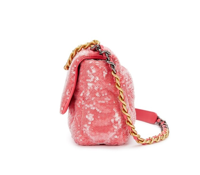 Chanel Pink Quilted Sequin Chanel 19 Flap