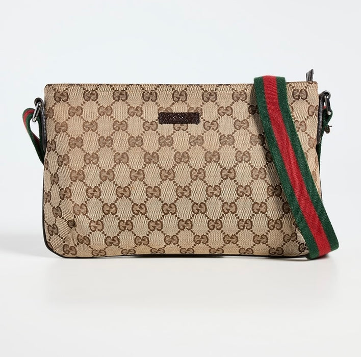 Gucci Monogram Web Small Flat Messenger Crossbody Dark Brown