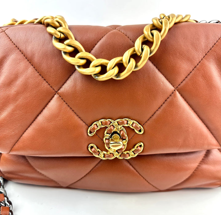 Chanel Lambskin Quilted Medium Chanel 19 Flap Caramel Brown