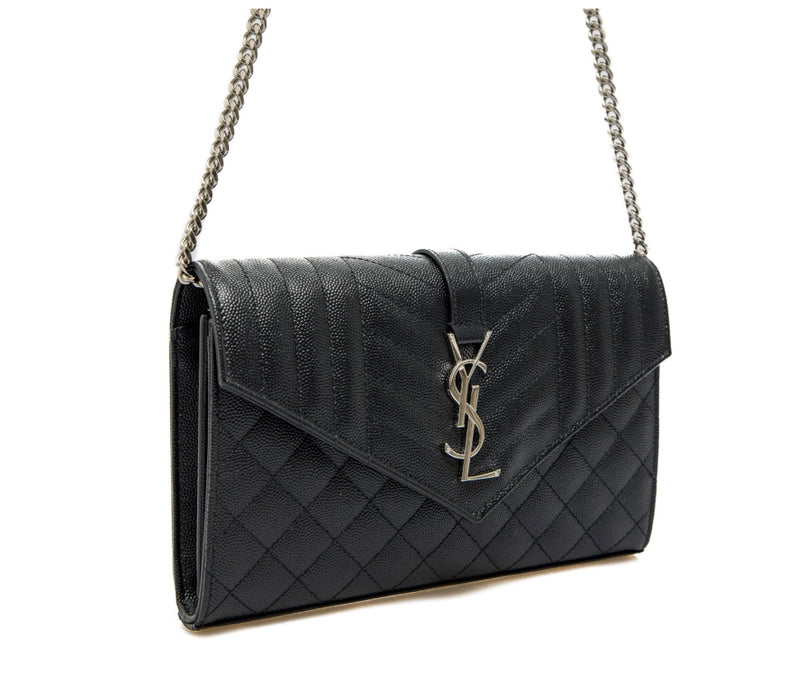 Saint Laurent Envelope Triquilt Wallet on Chain in Grained Leather