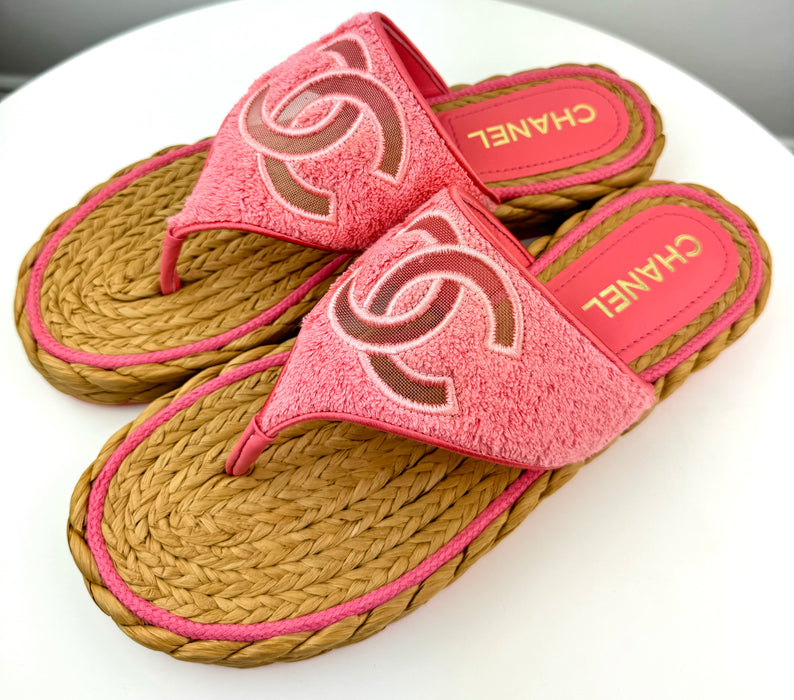 Chanel Terry Cloth Raffia CC Logo Thong Sandals Pink