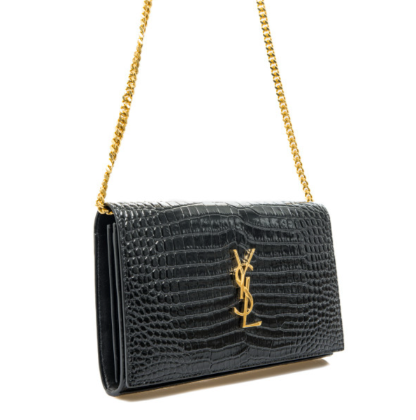 Saint Laurent Cassandre Croc Embossed Leather Chain Wallet