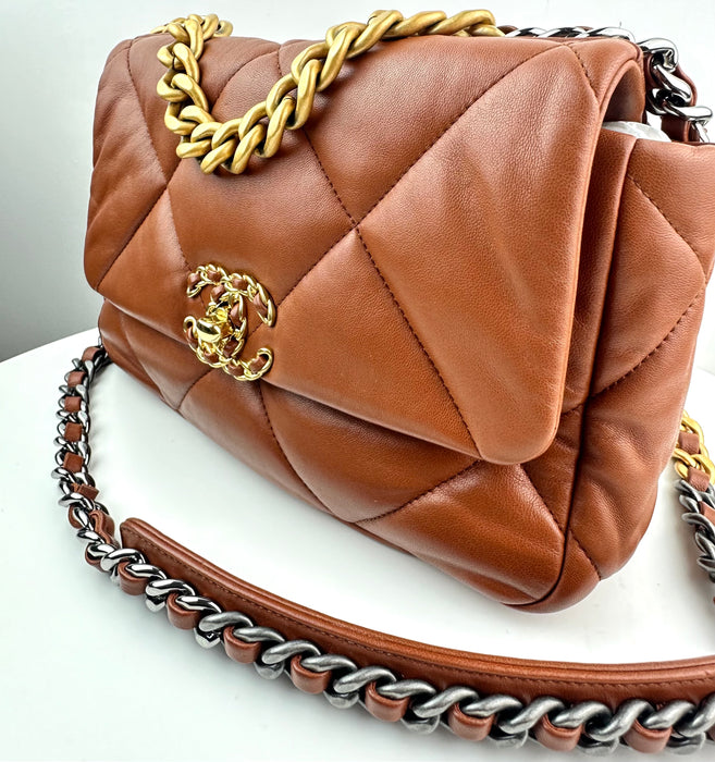 Chanel Lambskin Quilted Medium Chanel 19 Flap Caramel Brown