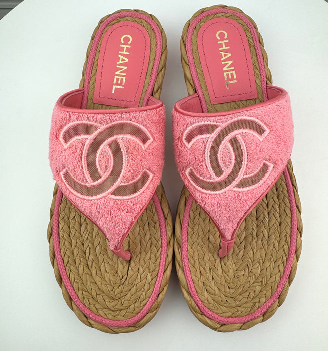 Chanel Terry Cloth Raffia CC Logo Thong Sandals Pink