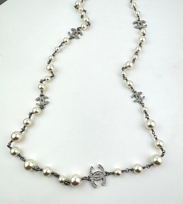 Chanel CC Faux Pearl Crystal Silver Tone Long Station Necklace