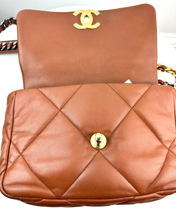 Chanel Lambskin Quilted Medium Chanel 19 Flap Caramel Brown