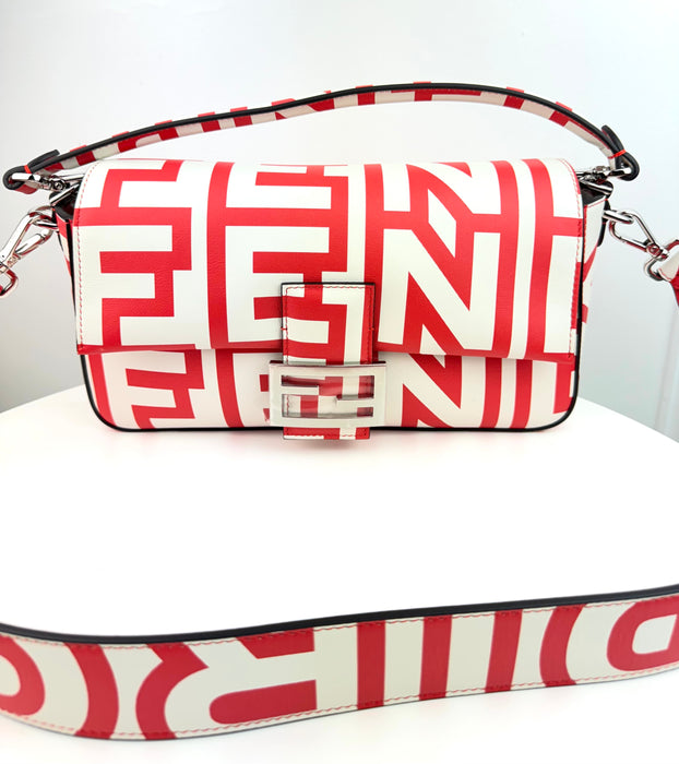 FENDI  X MARC JACOBS Vitello Seta Logo Print Baguette Glow Coral White