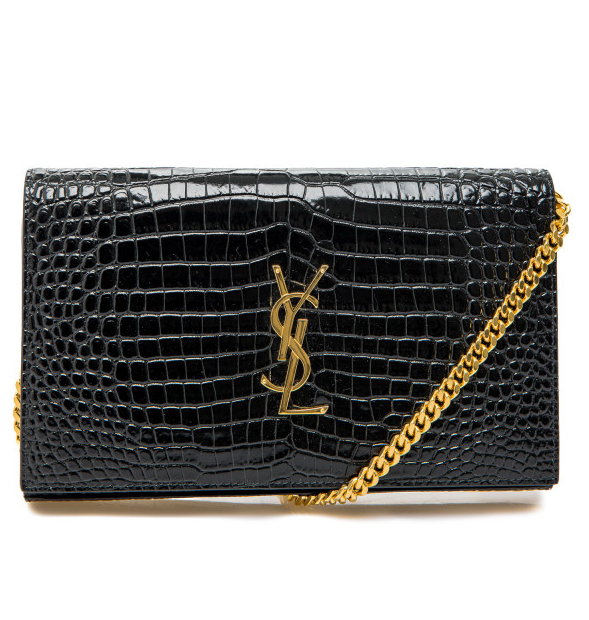 Saint Laurent Cassandre Croc Embossed Leather Chain Wallet