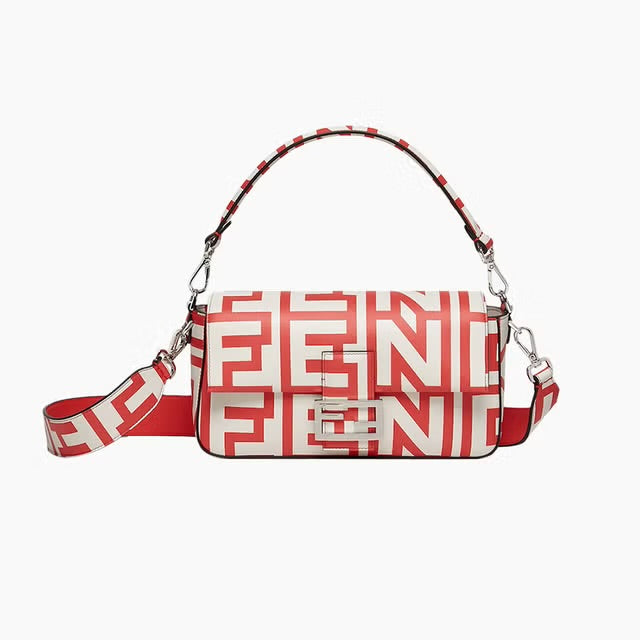 FENDI  X MARC JACOBS Vitello Seta Logo Print Baguette Glow Coral White