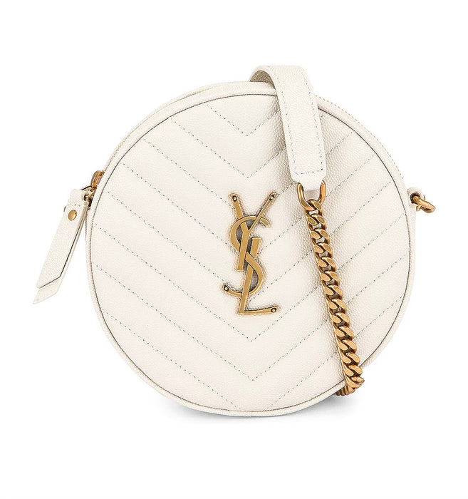 Saint Laurent Vinyle YSL Round Crossbody Bag in Quilted Grained Leather