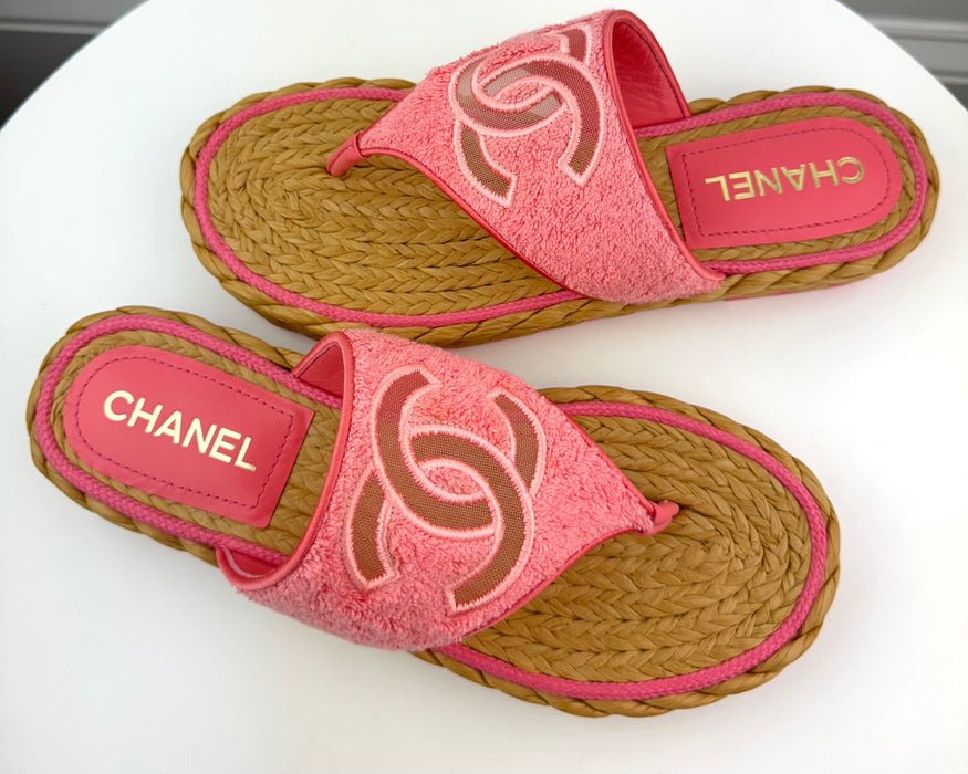 Chanel Terry Cloth Raffia CC Logo Thong Sandals Pink