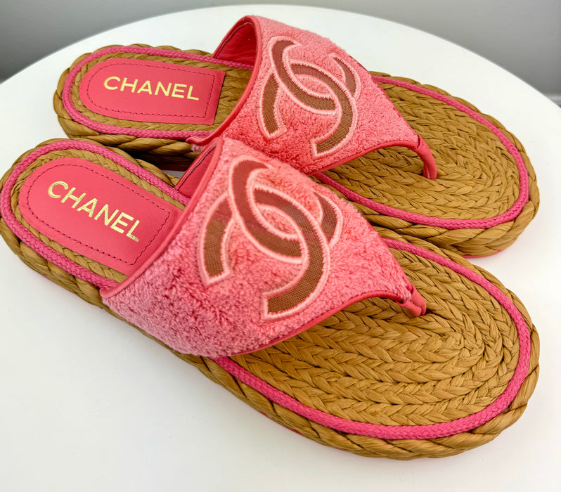 Chanel Terry Cloth Raffia CC Logo Thong Sandals Pink