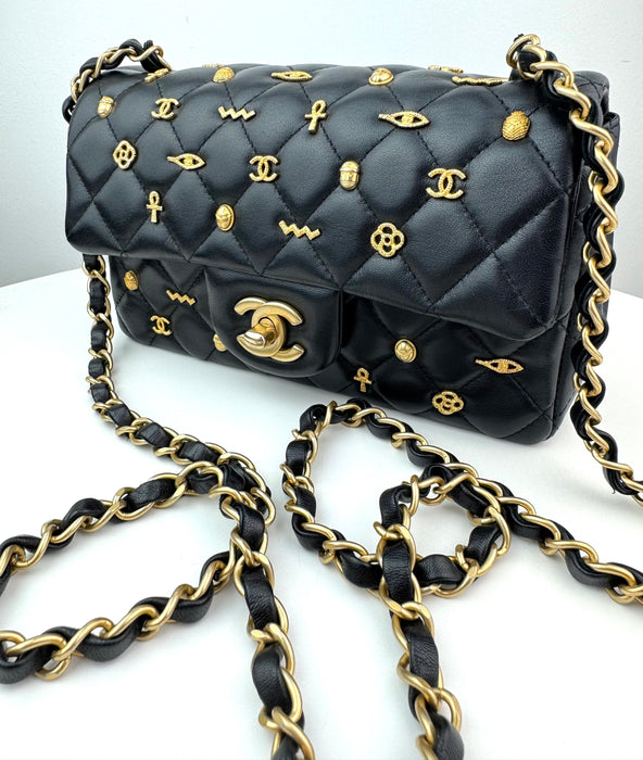 Chanel Lambskin Limited Edition Quilted Egyptian Amulet Mini Rectangular Flap Black