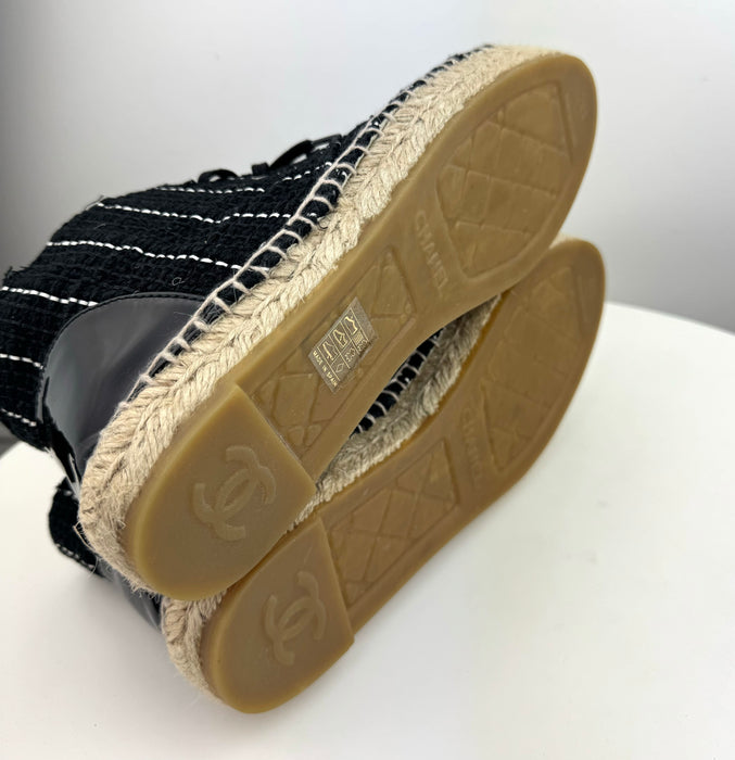 Chanel Tweed Calfskin Patent CC Lace Up Espadrilles