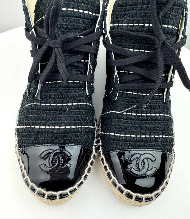 Chanel Tweed Calfskin Patent CC Lace Up Espadrilles