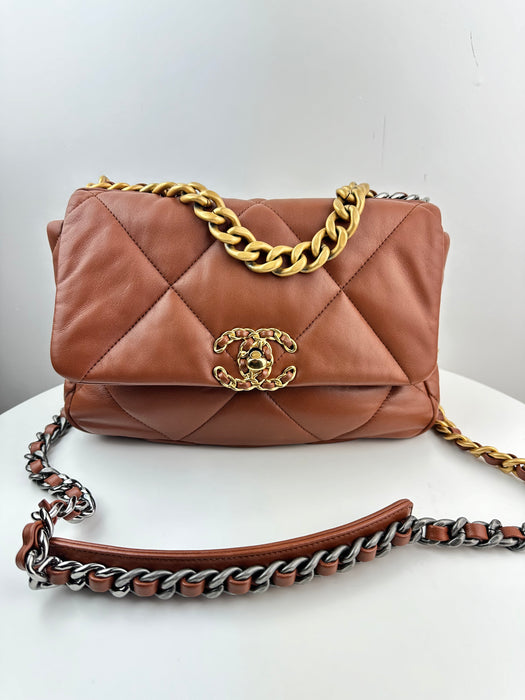 Chanel Lambskin Quilted Medium Chanel 19 Flap Caramel Brown