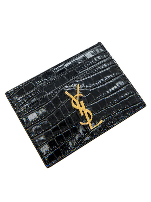 Saint Laurent Monogram Card Case Croc Embossed Shiny Leather