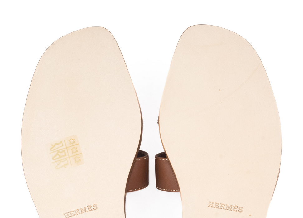 Hermes Oran Sandals in Gold Piqûres Écrues