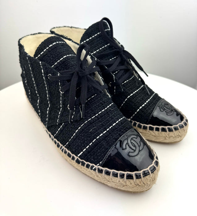 Chanel Tweed Calfskin Patent CC Lace Up Espadrilles