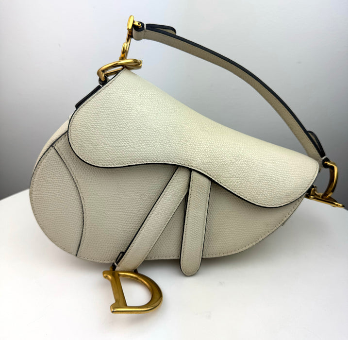 Dior Latte Grained Calf Skin Mini Saddle Shoulder Handbag Ivory