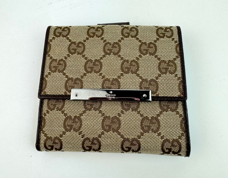 Gucci Monogram Textured Calfskin Metal Bar French Flap Wallet Beige Ebony Cocoa