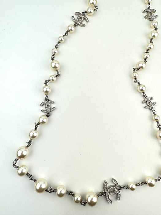 Chanel CC Faux Pearl Crystal Silver Tone Long Station Necklace