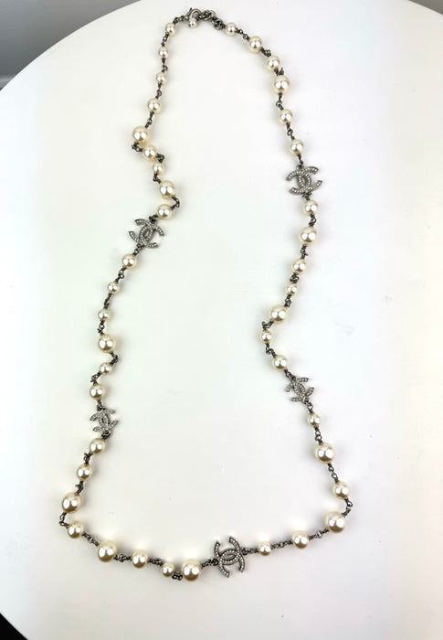 Chanel CC Faux Pearl Crystal Silver Tone Long Station Necklace