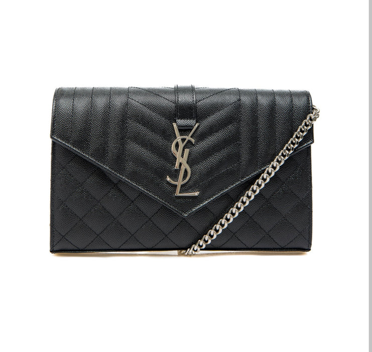 Saint Laurent Envelope Triquilt Wallet on Chain in Grained Leather